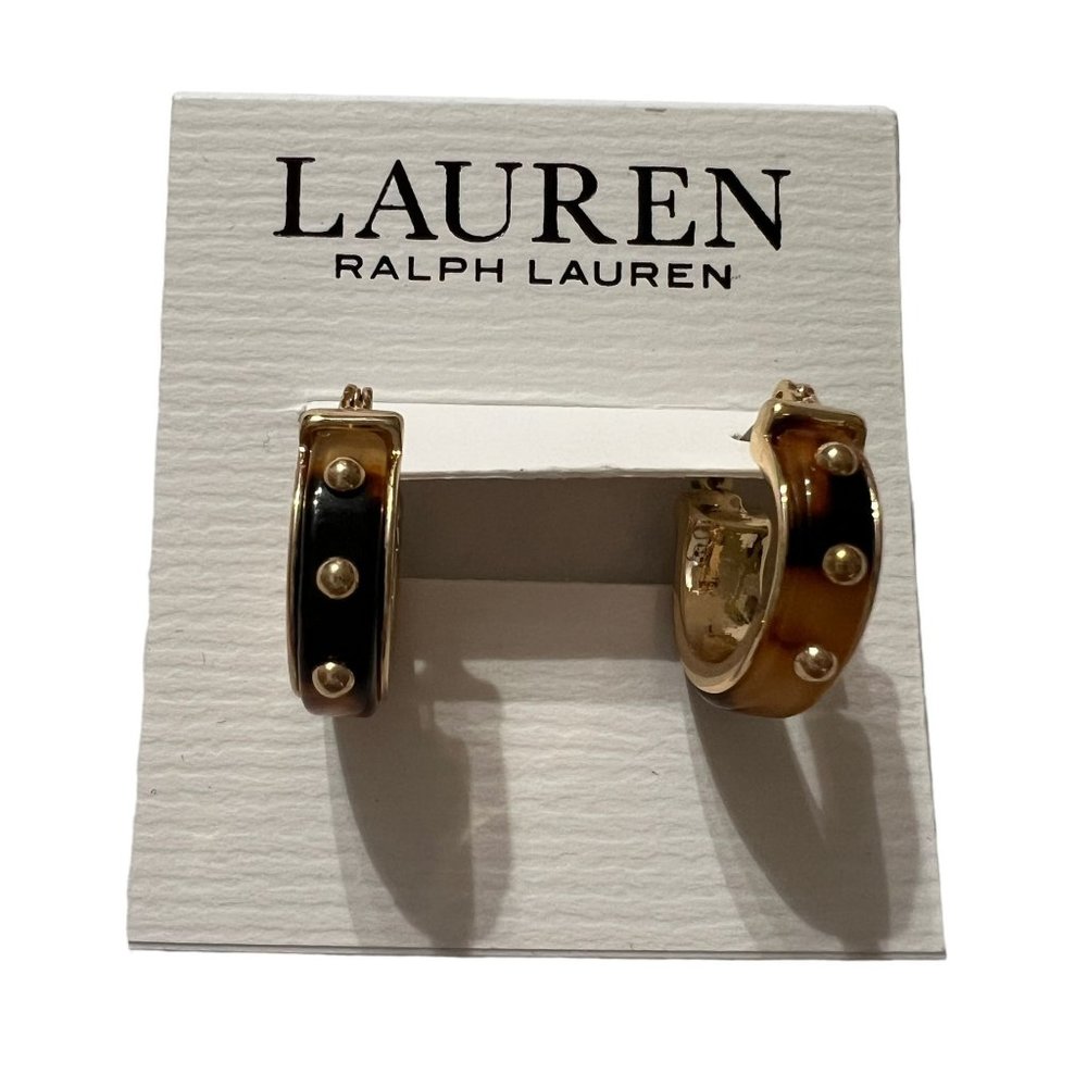 NWT Ralph Lauren Tortoise Gold Studded Bangle Clamper Bracelet Huggie Earrings - Picture 4 of 14